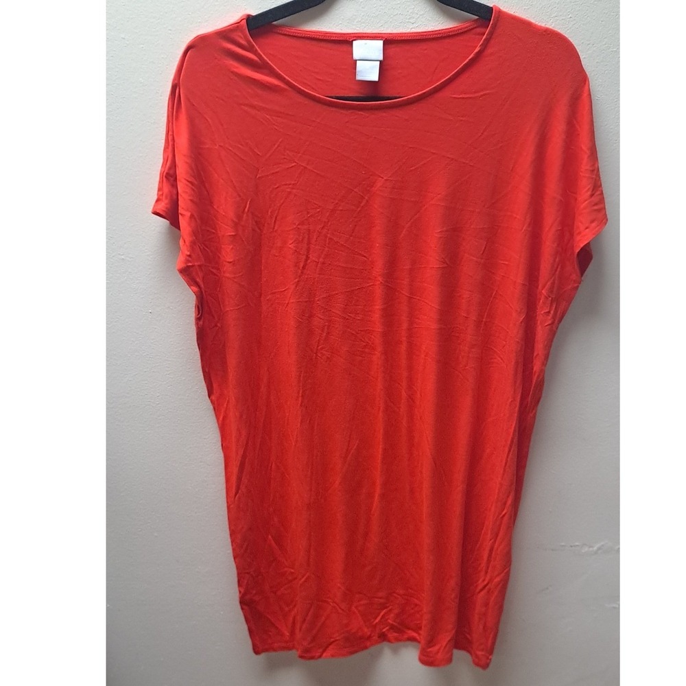 Chicos Red Short Sleeve Tunic Top Size 2 US L Rayon Spandex Scoop Neck 0615-9